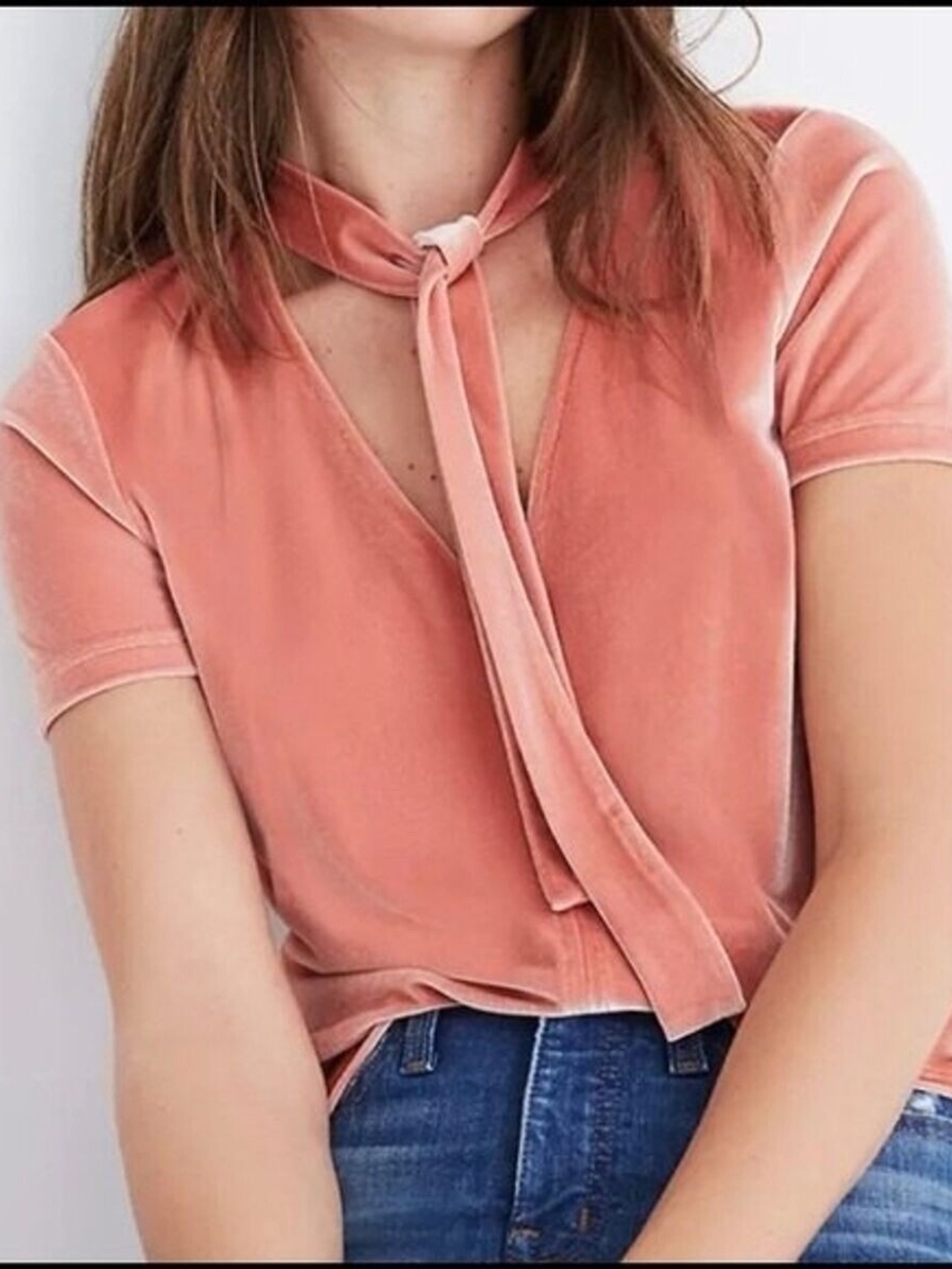 Madewell Dusty Rose Velvet Tie-Neck V-Neck Top